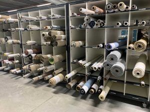 Fabric Roll Storage Wall - Manufactured by Spaceguard Fabric cutting table